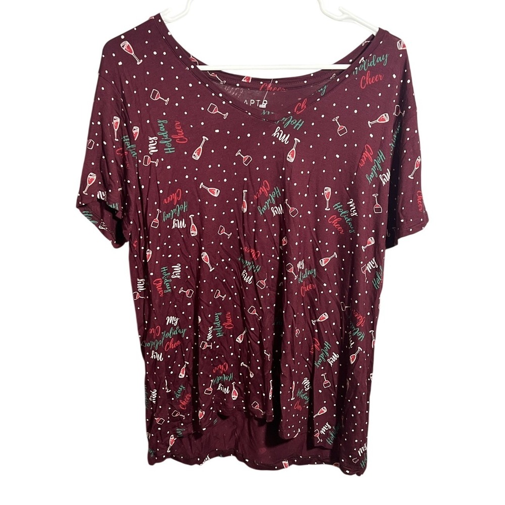 APT. 9 Women's XL Holiday Cheer Wine Glass Rayon Blend T-Shirt Top Burgundy